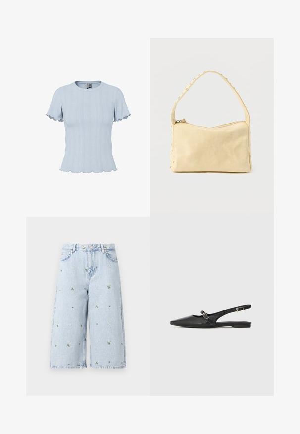 Lichtblauw gebreid topje met korte mouwen, geribde en kantachtige patronen, ronde hals en geplooide randen aan mouwen en zoom.; Licht gewassen denim shorts met bloemenborduurwerk, met madeliefjes en groene bladeren. Klassiek vijf-pocket ontwerp en een rafelige zoom.; Zwarte leren slingback schoenen met een spitse neus, voorzien van een smalle band en een zilveren gesp aan de zijkant. Platte zool.; Kleine beige leren handtas met een enkele band en zilveren studs langs de randen en band, tegen een effen achtergrond.
