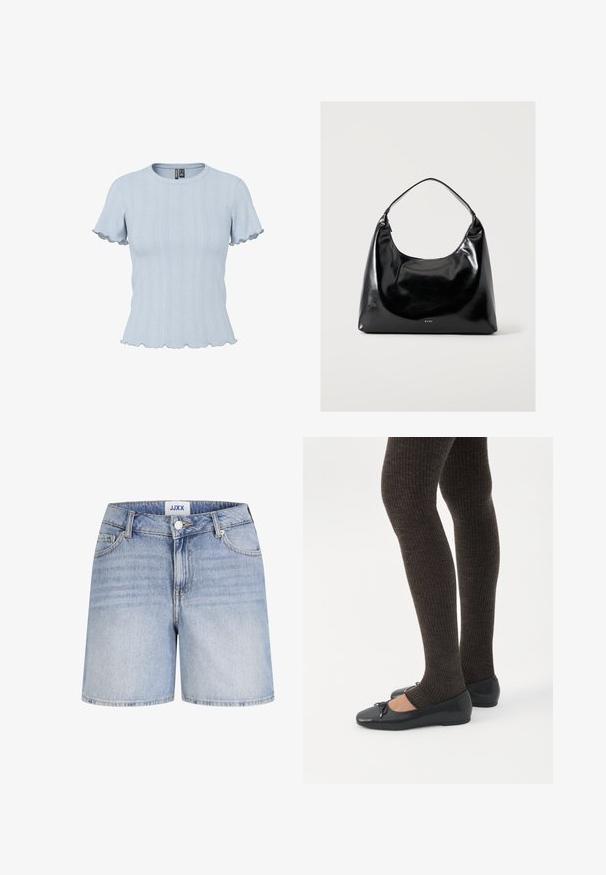 Haut en maille bleu clair à manches courtes avec motifs côtelés et effet dentelle, encolure ronde et bords volantés aux manches et à l'ourlet.; Short en denim bleu clair avec bouton devant, fermeture éclair, passants de ceinture et cinq poches, étiqueté JJXX à l'intérieur de la taille.; Jambes portant des leggings côtelés foncés associés à des ballerines noires avec de petits détails en nœud sur fond blanc.; Sac à épaule noir brillant avec une seule bandoulière et un petit logo "RAID" en bas au centre sur un fond clair uni.