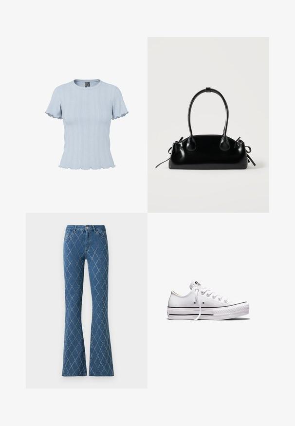 Haut en maille bleu clair à manches courtes avec motifs côtelés et effet dentelle, encolure ronde et bords volantés aux manches et à l'ourlet.; Jean évasé en denim bleu foncé avec des motifs de couture en forme de diamant clairs. Dispose de poches avant et d'une fermeture à bouton à la taille.; Baskets basses en toile blanche avec lacets blancs, semelle en caoutchouc, détails à rayures noires, et écusson logo sur la languette et le talon.; Petit sac à main noir brillant avec deux longues anses et des détails à cordon sur les côtés sur un fond clair uni.