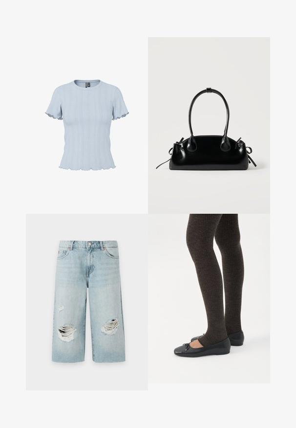 Haut en maille bleu clair à manches courtes avec motifs côtelés et effet dentelle, encolure ronde et bords volantés aux manches et à l'ourlet.; Shorts en denim bleu clair à coupe ample, présentant deux grandes déchirures sur le devant. Cinq poches et fermoir en métal visible.; Jambes portant des leggings côtelés foncés associés à des ballerines noires avec de petits détails en nœud sur fond blanc.; Petit sac à main noir brillant avec deux longues anses et des détails à cordon sur les côtés sur un fond clair uni.