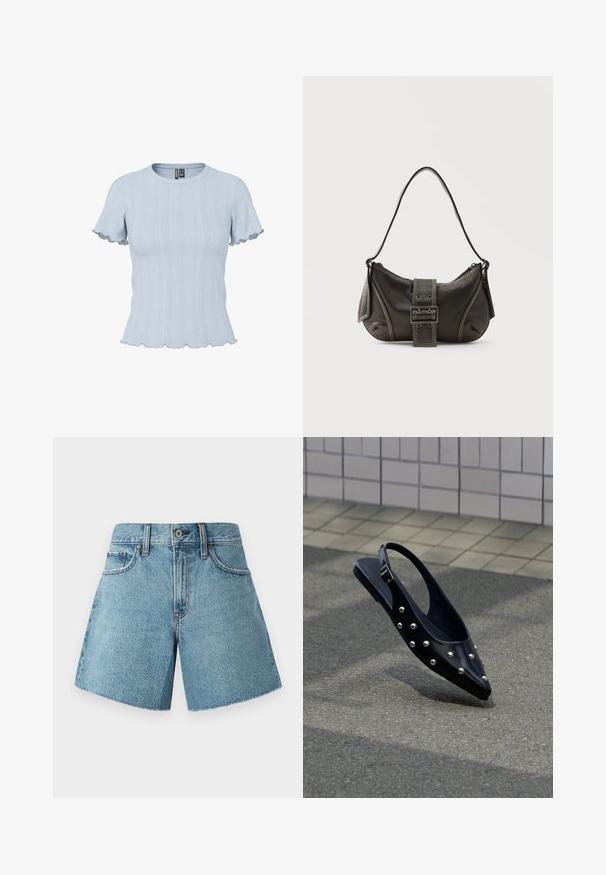Haut en maille bleu clair à manches courtes avec motifs côtelés et effet dentelle, encolure ronde et bords volantés aux manches et à l'ourlet.; Shorts en denim bleu clair, avec une taille haute, cinq poches et un ourlet brut. Fabriqués en tissu de coton texturé avec un design classique.; Chaussure slingback noire à bout pointu avec des clous argentés, flottant au-dessus d'un bitume près d'un mur carrelé en arrière-plan.; Sac à épaule en cuir noir avec une sangle à boucle, des bords arrondis et des coutures blanches contrastées sur un fond uni.