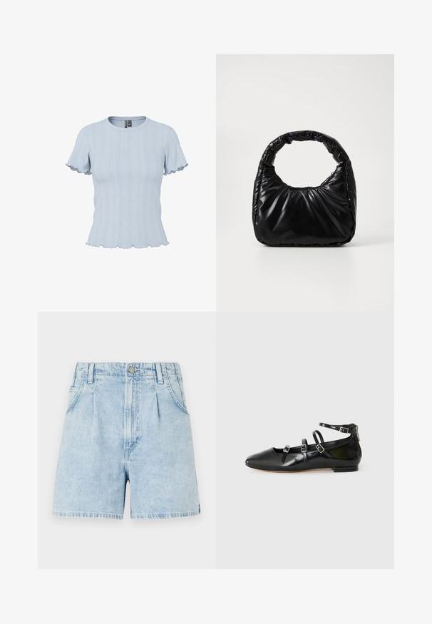Lichtblauw gebreid topje met korte mouwen, geribde en kantachtige patronen, ronde hals en geplooide randen aan mouwen en zoom.; Lichtblauwe denim shorts met een hoge taille, voorzien van plooien aan de voorkant, twee zijzakken en een knoopsluiting. Zachte, gestructureerde stof.; ALDO NELTA - Ballerina's - black; Zwarte gevoerde handtas met een ronde handgreep, met een gladde, glanzende oppervlakte en een zachte, gewatteerde textuur. Geen zichtbare metalen onderdelen of accenten.
