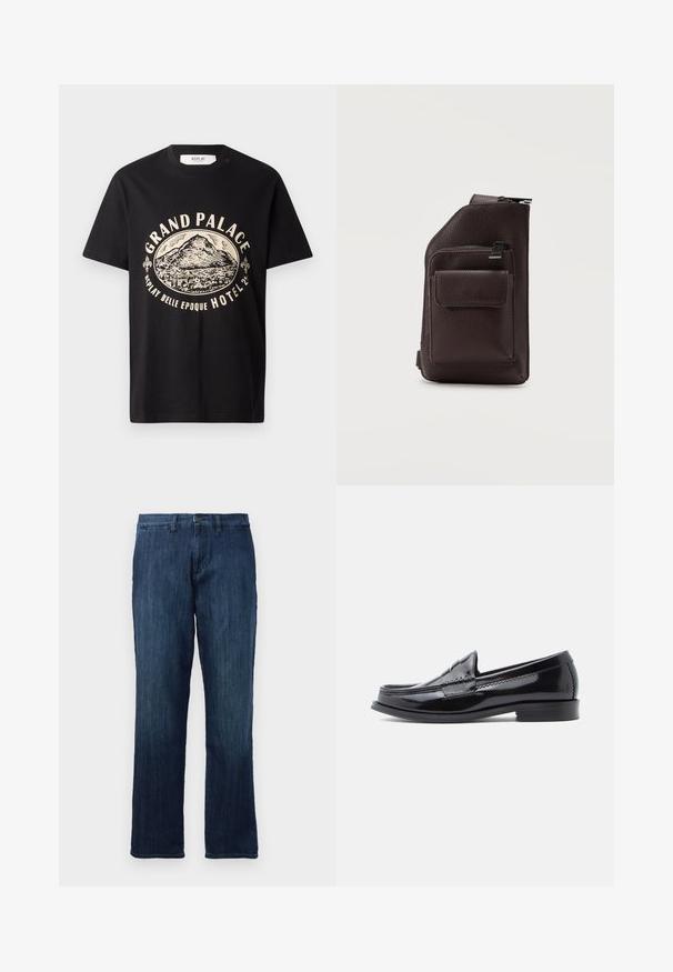 Camiseta de algodón negra con un estampado gráfico en beige de una montaña y texto que dice "Grand Palace Replay Belle Epoque Hotel". Diseño sencillo de cuello redondo.; Vaqueros de mezclilla azul oscuro con un diseño de pierna recta, que cuentan con un cierre de botón en la parte delantera y un estilo estándar de cinco bolsillos. Textura suave y peso medio.; Mocasín de charol negro con punta redondeada, detalles cosidos y un tacón bajo apilado. Superficie lisa con brillo sutil.; Bolso bandolera de cuero texturizado marrón oscuro con múltiples compartimentos con cremallera y un bolsillo frontal con solapa.