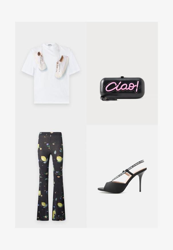 T-shirt en coton blanc avec un imprimé graphique de baskets beiges lacées. Col rond et manches courtes, esthétique simple et épurée.; Pantalon noir évasé avec un motif coloré de citrons et de petites fleurs dispersé sur tout le tissu.; Sandale noire à talons hauts et bout ouvert avec fines brides marquées "LOVE MOSCHINO" sur le pied et autour de la cheville.; Pochette rectangulaire noire avec lettrage rose style néon "Ciao!" et petite sangle noire pour poignet sur fond blanc.