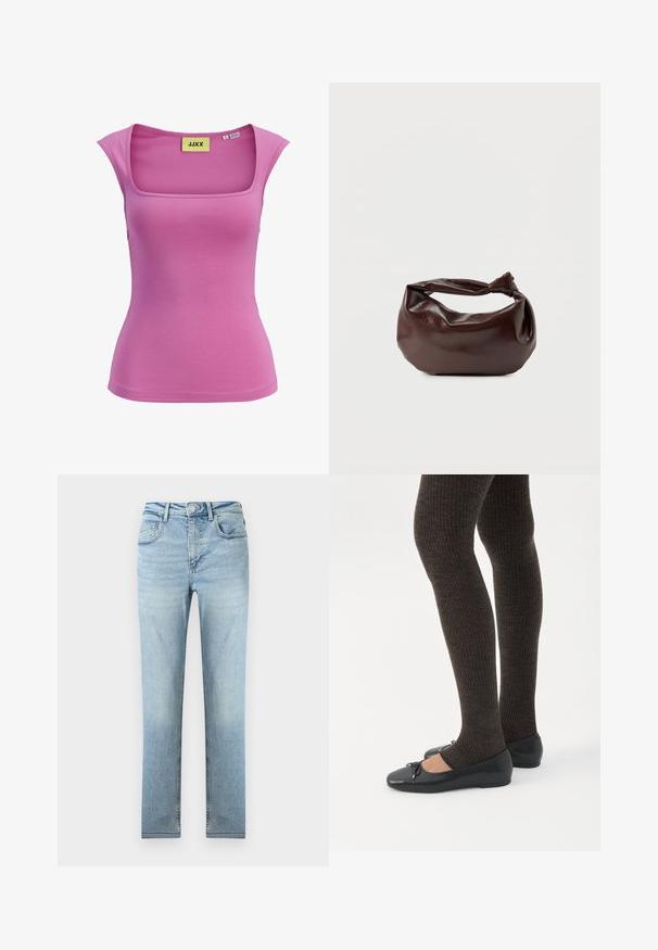 Roze dames top zonder mouwen met een vierkante halslijn en een aansluitend ontwerp, maat small, met label JJXX.; Lichtblauwe high-waisted rechte jeans met voor- en achterzakken, knoopsluiting en subtiele vervaging op dijen en knieën.; Benen met donkere geribbelde leggings gecombineerd met zwarte ballerina's met kleine strikdetails op een witte achtergrond.; Donkerbruine leren schoudertas met een zachte, slungelige vorm en een gedraaide knoopvormige handgreep op een effen witte achtergrond.