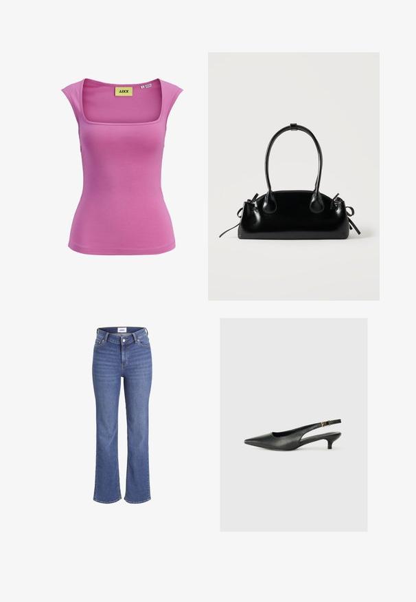Roze dames top zonder mouwen met een vierkante halslijn en een aansluitend ontwerp, maat small, met label JJXX.; Donkerblauwe denim jeans met een hoge taille, wijdere pijpen en een traditionele vijf-pocketdesign. Heeft zichtbare stiksels en een knoopsluiting aan de voorkant.; Zwarte puntschoen met slingback van soepel leer. Kenmerkt zich door een dunne hak en een gespdetail op de verstelbare band.; Kleine zwarte glanzende handtas met twee lange hengsels en zijkant trekkoord details op een effen lichte achtergrond.
