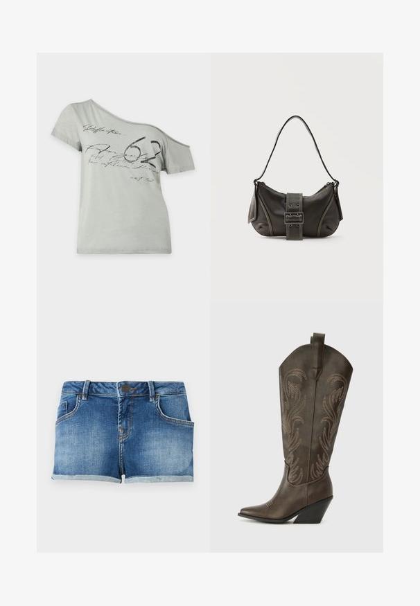 Light grey short-sleeve T-shirt with an asymmetric off-shoulder neckline and black script and large “62” graphic across the front.; Blue denim shorts with front button, belt loops, front pockets, and rolled hem against a plain light background.; Brown leather cowboy boot with a pointed toe, wedge heel, and decorative embroidery. Features a tall shaft and pull tab.; Black leather shoulder bag with a buckle strap detail, curved edges, and contrasting white stitching on a plain background.