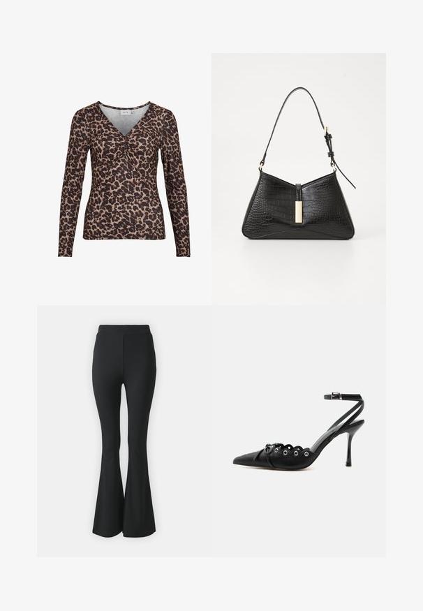 Langærmet top med leopardmotiver og V-udskæring, der har en samling i midten og er lavet af et blødt, strækbart stof.; Sorte buks med flared design lavet af strækbart stof. Har en høj talje og et glat, tætsiddende design, der flared ud fra knæet og ned.; Sort spids hæl med bølgede kanter, metaløjer, snørelukning foran og ankelrem med spænde.; Sort håndtaske i faux krokodillepræget materiale med en triangelform, slank skulderrem og en guldfarvet hardwaredetalje i midten.