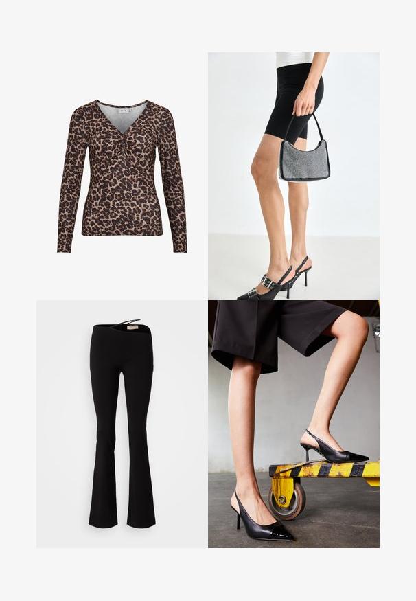 Top de manga larga con estampado de leopardo y escote en V, que presenta un detalle fruncido en el centro y está hecho de una tela suave y elástica.; Pantalones acampanados negros hechos de un tejido suave con cintura elástica y una textura lisa, diseñados para ajustarse ceñidamente en los muslos y acampanarse en el dobladillo.; Zapatos de tacón negro tipo slingback con puntera afilada, que presentan una tapa de charol brillante. Tacón stiletto, diseño de cuero liso y una silueta minimalista.; Bolso de cuentas negras con una silueta curva, asa de transporte y textura brillante. Llevado con zapatos de tacón altos negros y pantalones cortos negros ajustados.