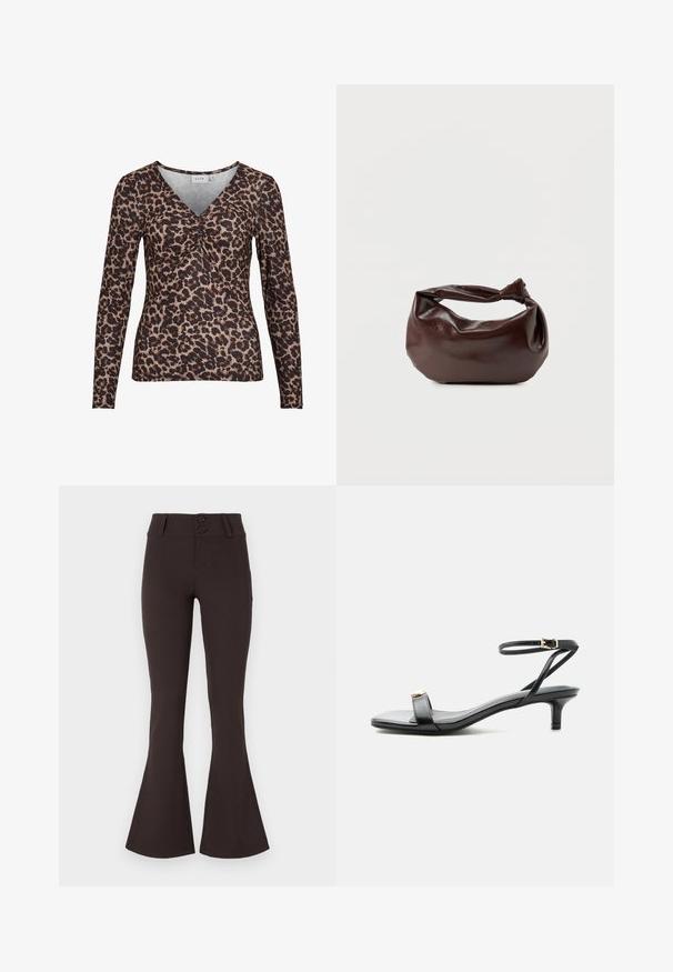 Langærmet top med leopardmotiver og V-udskæring, der har en samling i midten og er lavet af et blødt, strækbart stof.; Brune flared bukser lavet af strækbart stof. Har høj talje med to knapper og en glat overflade. Ingen mønstre eller udsmykninger.; Sort læder sandal med åben tå, lav lillehæl, tynd ankelrem med guldlås og dekorativt gyldent accent på frontremmen.; Mørkebrun læder skuldertaske med en blød, afslappet form og et snoet knudehåndtag på en ensartet hvid baggrund.