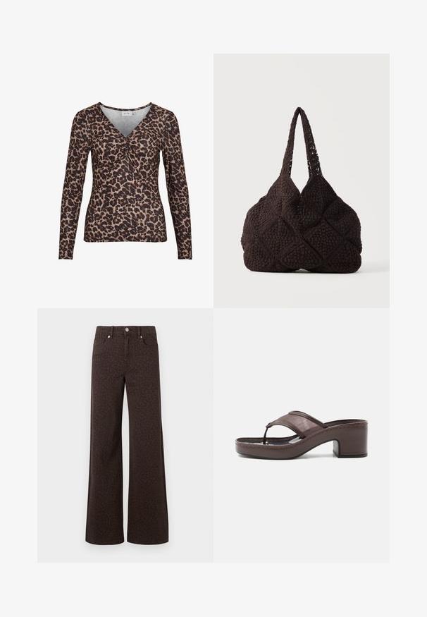 Langærmet top med leopardmotiver og V-udskæring, der har en samling i midten og er lavet af et blødt, strækbart stof.; Brune brede jeans med et subtilt leopardmønster, fremstillet i denim med en glat tekstur og klassisk fem-lommer design.; Brun sandal med hæl med mesh-rem og tæst design, med blokhæl og syet sål, vist i profil mod hvid baggrund.; Sort hæklet mulepose med teksturerede firkantede mønstre og to skulderremme, der står mod en ensartet baggrund.