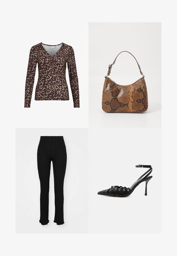 Top de manga larga con estampado de leopardo y escote en V, que presenta un detalle fruncido en el centro y está hecho de una tela suave y elástica.; Pantalones negros de canalé con parte inferior acampanada, que presentan un diseño texturizado y una cintura elástica. Tela suave y ligera con una silueta ajustada.; Zapato de tacón alto negro con punta fina, bordes ondulados, ojales metálicos, cordones delanteros y una correa en el tobillo con cierre de hebilla.; Pequeño bolso de mano con un patrón de piel de serpiente marrón y negro, correa corta ajustable y cierre de cremallera.