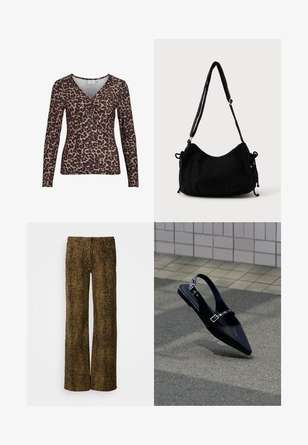 Langærmet top med leopardmotiver og V-udskæring, der har en samling i midten og er lavet af et blødt, strækbart stof.; Brune vidde-bukser med et tekstureret slangeprintmønster i sort. Har en knaplukning og traditionelt fem-lommer design.; Sort flad slingback med spids tå og dobbelte spænder, hvilende på grå asfalt nær flisevæg.; Sort kordfløjls skuldertaske med en buet form, justerbar strop og snorelukninger på begge sider til størrelsejustering.