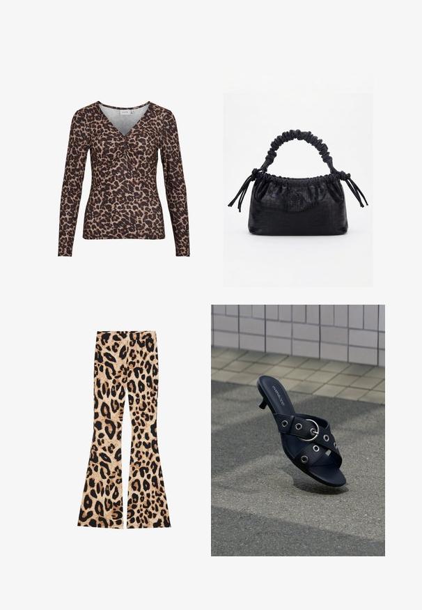Top de manga larga con estampado de leopardo y escote en V, que presenta un detalle fruncido en el centro y está hecho de una tela suave y elástica.; Pantalones acampanados de estampado de leopardo que presentan una textura acanalada, en colores beige y negro, con patrones de manchas variables a lo largo de la tela.; Sandalia negra de tacón con tiras cruzadas que presentan ojales plateados y una hebilla redonda, situada sobre un pavimento texturizado junto a una pared con azulejos.; Bolso negro con textura de cocodrilo, borde superior fruncido, asa recogida y cordones con borlas en cada lado sobre un fondo blanco.