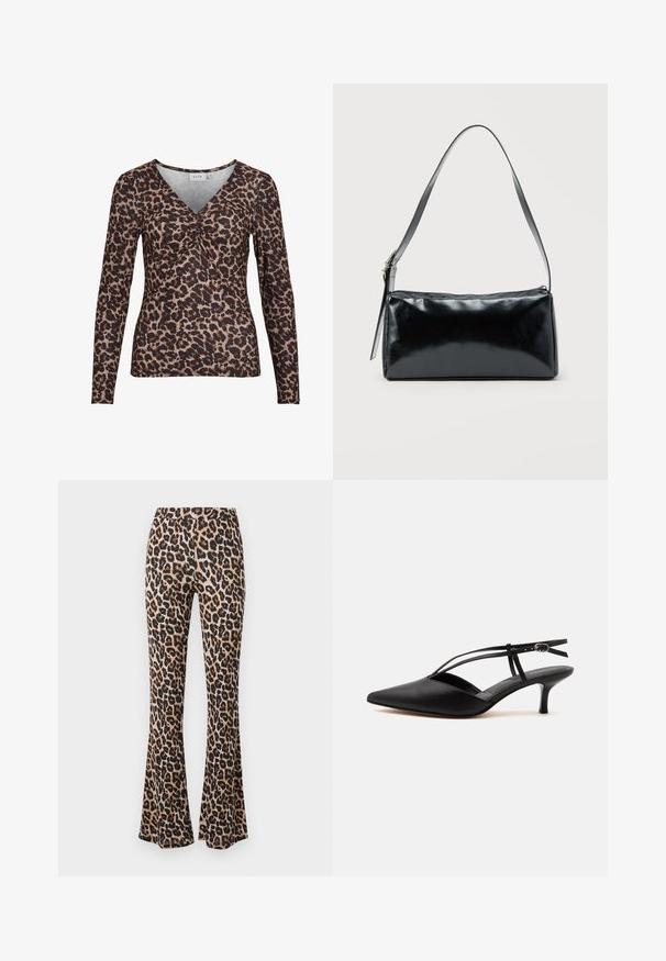 Top de manga larga con estampado de leopardo y escote en V, que presenta un detalle fruncido en el centro y está hecho de una tela suave y elástica.; Pantalones acampanados de estampado de leopardo en tono marrón y negro, hechos de una tela suave con una textura lisa, con una cintura ajustada y un dobladillo acampanado.; Zapato de piel negra con puntera puntiaguda y tacón kitten, con tira fina en el tobillo y hebilla, diseño slingback, sobre un fondo liso y claro.; Bolso de hombro rectangular negro con una correa ajustable y un cierre de cremallera superior sobre un fondo liso.