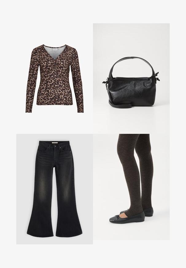 Langærmet top med leopardmotiver og V-udskæring, der har en samling i midten og er lavet af et blødt, strækbart stof.; Sorte jeans med vide ben, forlommer, bæltestropper og falmet skygge på lårene og knæene, lagt fladt på en lys baggrund.; Ben iført mørke ribbede leggings kombineret med sorte balletsko med små sløjfedetaljer på hvid baggrund.; Sort læderhåndtaske med et struktureret design, rund tophåndtag og aftagelig skulderrem. Den har en glat tekstur og en subtil glans.