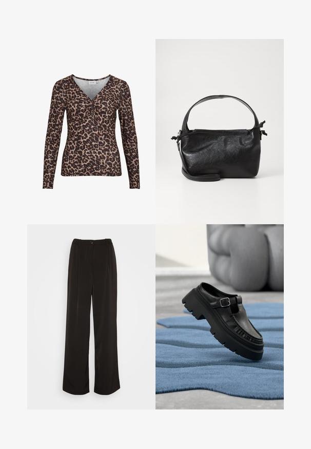 Langærmet top med leopardmotiver og V-udskæring, der har en samling i midten og er lavet af et blødt, strækbart stof.; Vero Moda Wide leg VMLUNADESI Mid waist - Bukser - black; Sort læderloafer med chunky profil sål og sølvspænde, placeret i en vinkel på et struktureret blåt tæppe.; Sort læderhåndtaske med et struktureret design, rund tophåndtag og aftagelig skulderrem. Den har en glat tekstur og en subtil glans.
