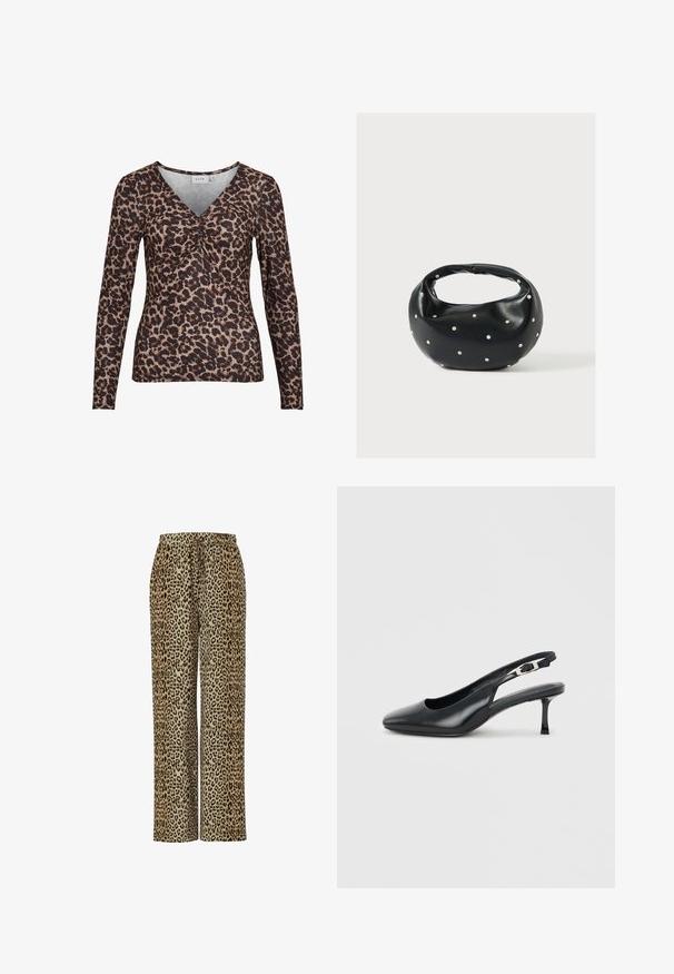 Top de manga larga con estampado de leopardo y escote en V, que presenta un detalle fruncido en el centro y está hecho de una tela suave y elástica.; Pantalones con estampado de leopardo en beige y marrón, confeccionados en tela suave, con un corte relajado y cintura elástica para mayor comodidad.; Zapato tipo slingback de cuero negro con punta puntiaguda, tacón bajo y delgado estilo kitten, y correa ajustable con hebilla, sobre un fondo claro y liso.; Bolso de mano de cuero negro con forma redondeada, decorado con detalles de tachuelas plateadas y un asa corta. Textura lisa y cierre con cremallera.