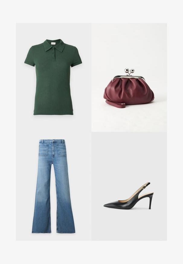 Polo côtelé vert foncé avec col, manches courtes et patte à trois boutons. Matière douce, légère avec une finition texturée.; Jean en denim bleu clair taille haute avec jambes larges évasées, poches plaquées à l’avant, fermeture par boutons et passants de ceinture.; Escarpins en cuir noir avec une pointe fine, une bride ajustable et un talon aiguille élégant, présentant une finition lisse.; Petit sac pochette en cuir bordeaux avec fermoir métallique argenté et bracelet sur fond blanc.