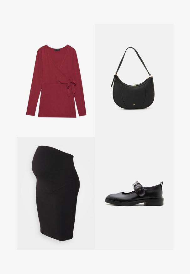 Top de manga larga, en estilo envolvente, de color rojo oscuro. Presenta un escote en V y un detalle de lazo en el costado. Textura suave y silueta ajustada.; Falda de maternidad negra hecha de un tejido suave y elástico. Presenta un panel de cintura alta para mayor comodidad y un diseño ajustado que se adapta al cuerpo.; Zapato Mary Jane de cuero negro con suela gruesa, punta redondeada, correa con hebilla plateada y tirador en la parte trasera.; Bolso de mano de cuero negro con forma curva, superficie texturizada, costuras frontales y un logo en tono dorado. Cuenta con una sola correa ajustable.