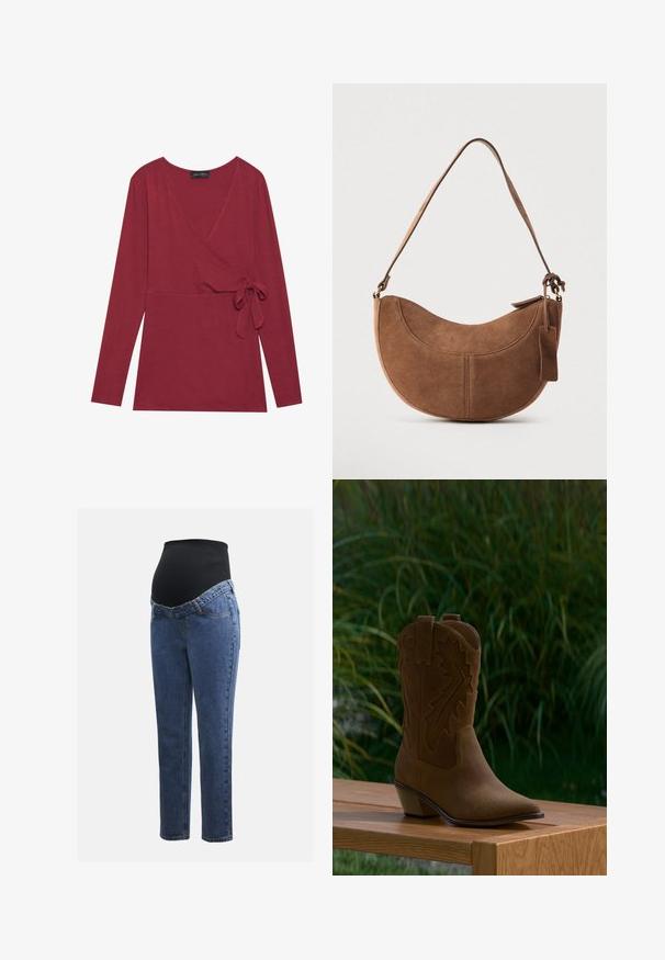 Langsleeve, wikkeltop in diep rode stof. Heeft een V-halslijn en een zijdelings knoopdetail. Zachte textuur en een getailleerde silhouet.; Zwangerschapsjeans met blauwe denim benen en een zwart rekbaar buikpaneel, ontworpen om een groeiende buik te ondersteunen en te bedekken.; Bruine suède cowboylaars met decoratief stiksel, een puntige neus en een lage schuine hak, tentoongesteld op een houten bankje buiten.; Bruine suède handtas met een gebogen, halve maanvorm. Voorzien van een schouderriem, een klein label en zichtbare stiksels langs de randen.