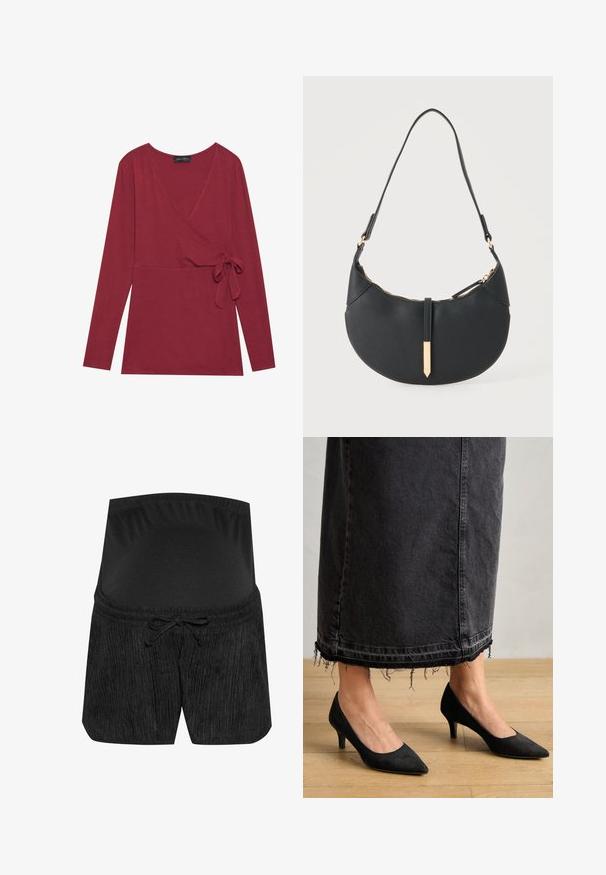 Top de manga larga, en estilo envolvente, de color rojo oscuro. Presenta un escote en V y un detalle de lazo en el costado. Textura suave y silueta ajustada.; Pantalones cortos de maternidad negros con un diseño texturizado, cintura con cordón y una cinturilla elástica y suave. Tela suave para mayor comodidad.; Zapatos de ante negros con punta afilada y un tacón de 3 pulgadas, combinados con una falda larga de mezclilla oscura que presenta detalles de dobladillo deshilachado.; Bolso negro en forma de media luna con una sola correa, cremallera dorada y una lengüeta decorativa rectangular dorada en la parte delantera.