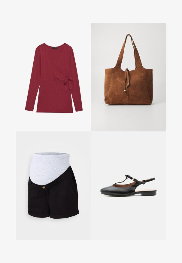Langsleeve, wikkeltop in diep rode stof. Heeft een V-halslijn en een zijdelings knoopdetail. Zachte textuur en een getailleerde silhouet.; Zwarte zwangerschapsshorts met een grijze stretchy tailleband. Kenmerken zijn onder andere voorzakken, een knoopsluiting en opgerolde omslagen voor een ontspannen pasvorm.; Zwarte leren platte slingbackschoen met T-bandje en gouden gesp op een neutrale achtergrond.; Bruine suede tote bag met twee lange handvatten, trekkoordsluiting en een gladde textuur. Kenmerkt zich door een eenvoudig ontwerp en minimale accenten.