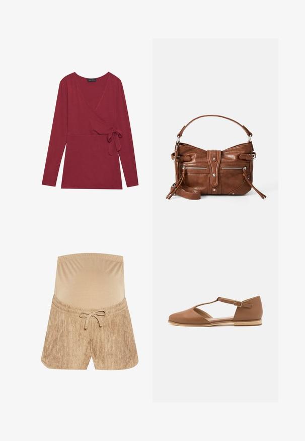 Langsleeve, wikkeltop in diep rode stof. Heeft een V-halslijn en een zijdelings knoopdetail. Zachte textuur en een getailleerde silhouet.; Beige shorts met een elastische tailleband, trekkoorddetail en een textuurstof met een verticale strepenpatroon.; Bruine leren platte schoen met een uitsnijd ontwerp, enkelbandje en een lichte houten zool. Beschikt over een ronde neus en een gladde textuur.; Bruine leren handtas met een afgeronde vorm, twee voorzakken met ritssluiting en een afneembare schouderband. Heeft zilverkleurige hardware en stiksels.