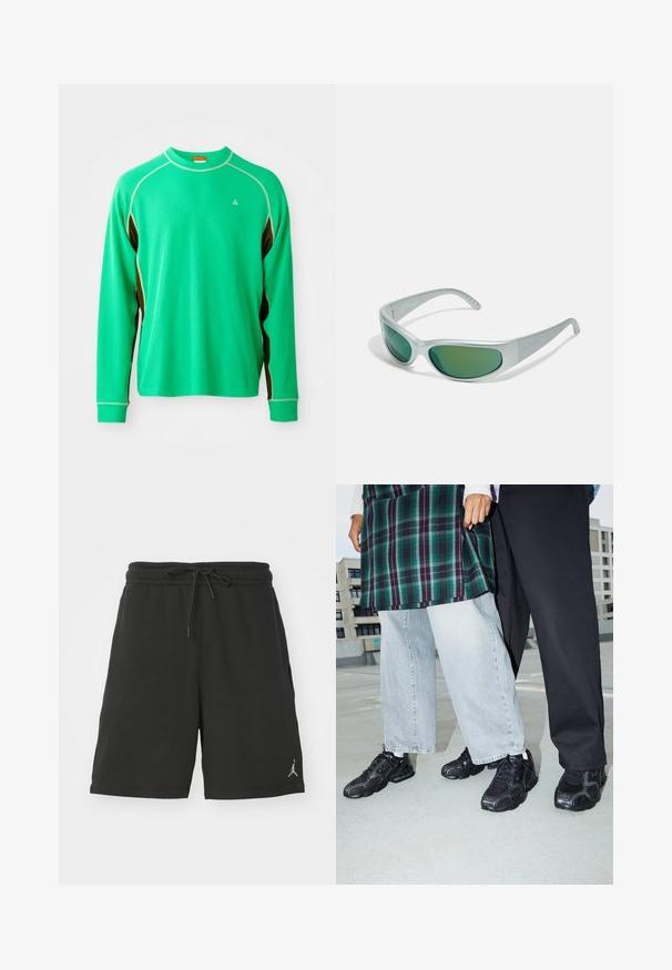 Langemmouwige groene sportshirt van textuurstof, met contrasterende bruine zijaccenten en witte stiksels langs de kraag en naden.; Zwarte sportshorts van zacht materiaal, met een elastische tailleband met koord, zijzakken en een klein logo op het linkerbeen.; Zwarte sportieve schoenen met mesh- en rubberaccenten. Draagt een lichtgrijze wijde spijkerbroek en een groen geruit shirt. Effen achtergrond.; Arnette CATFISH - Zonnebril - metallic silver