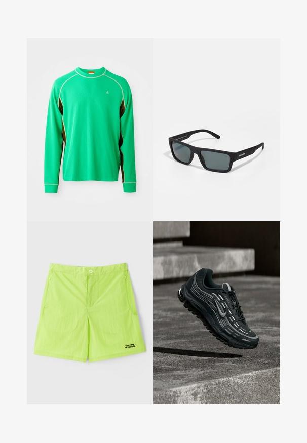 Langermet grønne sports T-shirt i struktureret stof med kontrasterende brune sidedele og hvide sømme langs kraven og sømmen.; Neon grønne shorts lavet af letvægtsstof, med knaplukning, to sidelommer og et logo på nederste højre side.; Sort og grå Nike Air Max sneaker, der flyder over grå betontrin med tekstureret jordbaggrund.; Sorte rektangulære solbriller med mørke linser og mat finish. Features "ARNETTE" branding på siden, lige arme og et robust design.