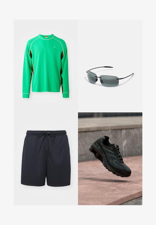 Langermet grønne sports T-shirt i struktureret stof med kontrasterende brune sidedele og hvide sømme langs kraven og sømmen.; Sorte atletiske shorts lavet af tekstureret, åndbart stof; har en elastisk talje med en snor for justerbar pasform.; Sort atletisk sneaker med synligt luftdæmpende mellemsål, der svæver over en pink stenoverflade med en grå stenvæg i baggrunden.; Solitære med grå linser og en slank sort ramme. Designet har en rektangulær form og tynde, buede arme for et minimalistisk udseende.