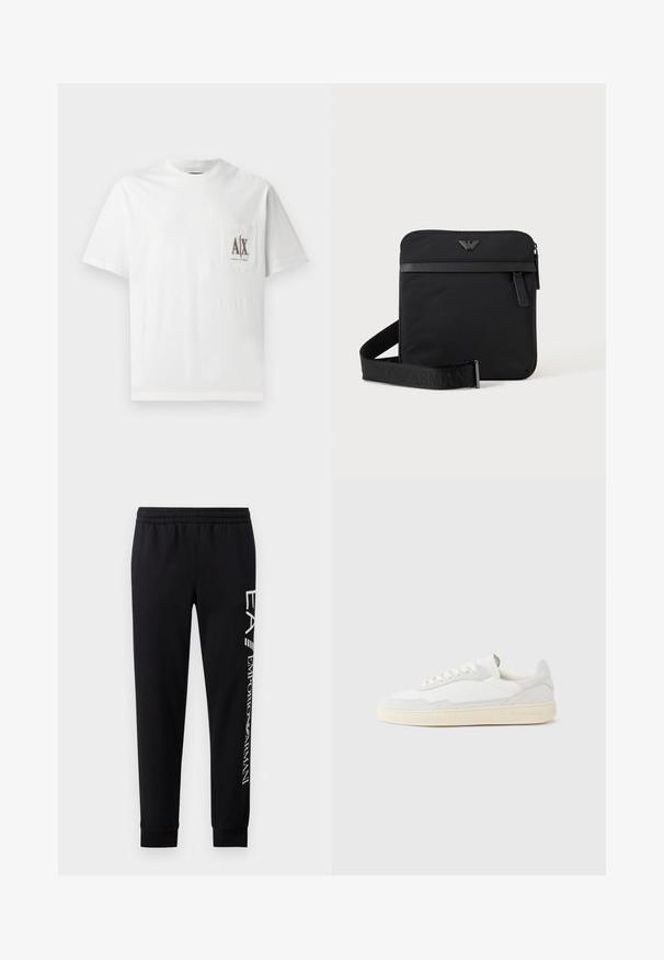 T-shirt en coton blanc avec des manches courtes, un col rond et une poche sur la poitrine gauche ornée d'un logo brodé "A|X" en marron.; Pantalons de survêtement noirs en mélange de coton, dotés d'une taille élastique, de jambes fuselées, de poignets côtelés et d'un imprimé logo blanc sur le côté.; Baskets blanches avec dessus en daim et cuir texturé. Caractérisées par un bout arrondi, une fermeture à lacets et une semelle en caoutchouc beige contrastante.; Sac bandoulière carré noir avec fermeture éclair, poche avant et sangle réglable avec nom de marque embossé.