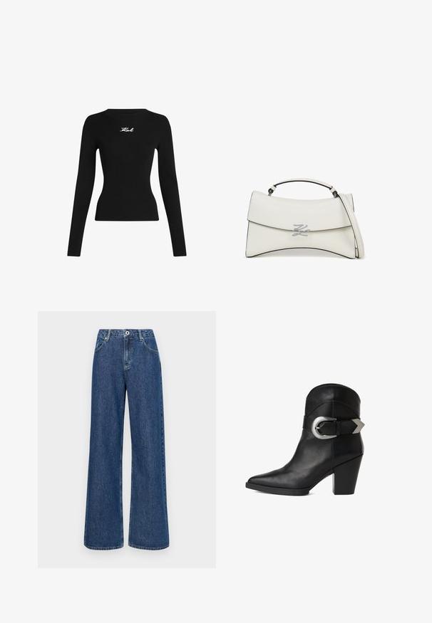 Sort ribbet langærmet top med rund halsudskæring. Har et hvidt broderet logo på midten foran. tætsiddende silhuet.; Bredde blå denim jeans med høj talje, udstyret med forlommer og en enkelt knaplukning. Tekstureret stof med synlige sømme.; Sort læder ankelsko med spidse tæer, kraftig hæl og en bred rem med en cirkulær sølvspænde på siden. Glat tekstur.; Hvid læderhåndtaske med en buet bundkant, top håndtag, lang rem og sølv dekorativt logo på frontklappen.