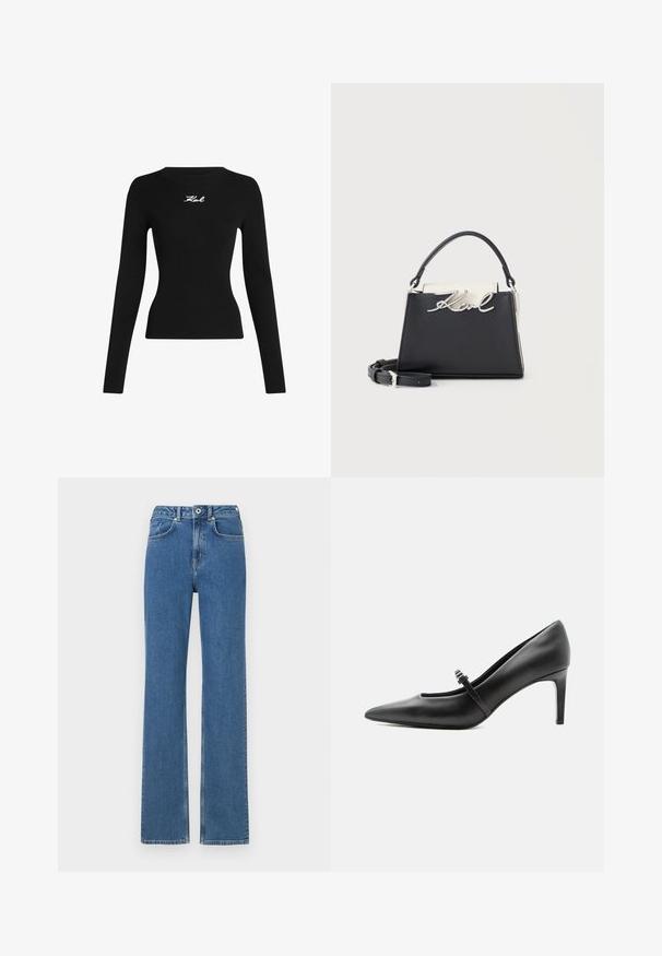 Sort ribbet langærmet top med rund halsudskæring. Har et hvidt broderet logo på midten foran. tætsiddende silhuet.; Blå denimjeans med lige ben-design, høj talje, fem-lomme stil og metalknaplukning. Subtil tekstur og minimal fading.; Sort læderspids højhælede sko med tynd rem og spænde over vristen, stående på en neutral lys baggrund.; Sort og hvid trapezformet håndtaske med sølv "Karl" logo, top-håndtag og aftagelig skulderrem på ensfarvet baggrund.