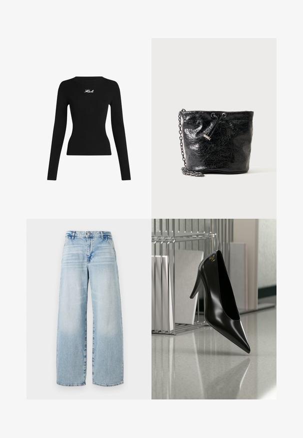 Sort ribbet langærmet top med rund halsudskæring. Har et hvidt broderet logo på midten foran. tætsiddende silhuet.; Lyseblå denim vidde jeans med høj talje, subtilt slid-effekt, rå kant og klassisk fem-lomme design.; Sort højhælet sko med spids tå og guldlogo, placeret på en reflekterende overflade nær en krom trådfilholder med dokumenter.; Sort skinnende læder bucket taske med snørelukning og metal kæderem på ensfarvet baggrund.