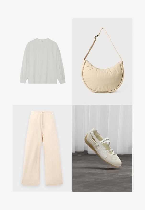 T-shirt à manches longues gris clair en coton doux. Présente une coupe ample, un col rond et des poignets légèrement froncés. Aucun motif ni graphique.; Pantalons à jambes larges en beige clair, fabriqués dans un tissu texturé. Dotés d'une taille élastique avec cordon de serrage. Design simple et sans embellissement.; Chaussure de style Mary Jane couleur crème avec trois brides, côtés texturés et semelle flexible marron clair, flottant au-dessus d'un sol gris.; Sac d'épaule beige en forme de demi-lune avec une texture douce et rembourrée. Comprend une bandoulière réglable et une fermeture éclair sur le bord supérieur.