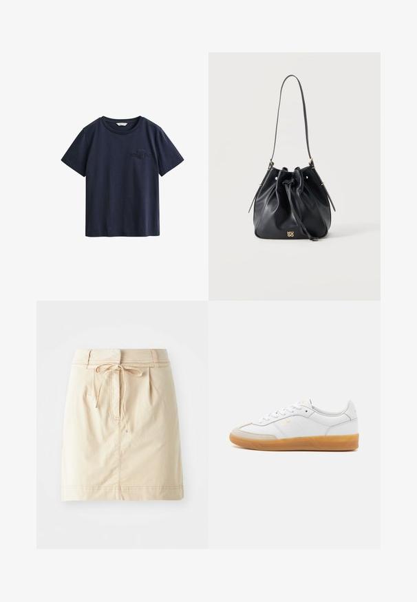 Marineblauw katoenen T-shirt met korte mouwen, ronde hals en klein geborduurd GANT-logo op de linkerborst.; Khaki rok van lichtgewicht stof met een aansluitende tailleband, een trekkoord, plooien en subtiele stiksels. Glad textuur.; Witte leren sneaker met beige suède accenten, gumrubberen zool en vetersluiting. Heeft subtiele branding in goud.; Zwarte leren bucketbag met trekkoordsluiting, enkele schouderband en klein gouden "HUGO"-logo in het midden aan de voorkant.