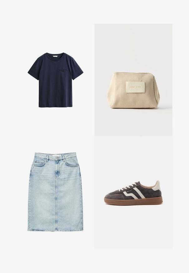 Marineblauw katoenen T-shirt met korte mouwen, ronde hals en klein geborduurd GANT-logo op de linkerborst.; Lichtblauwe denim rok tot op de knie met voorzakken, riemlussen en knoopsluiting.; Enkele donkergrijze sneaker met witte leren accenten, getextureerde zijkanten, witte veters en een bruine rubberen zool, in profiel weergegeven tegen een effen achtergrond.; Beige geribd stoffen zakje met rits aan de bovenkant en rechthoekige patch met reliëftekst aan de voorkant, afgebeeld tegen een effen witte achtergrond.