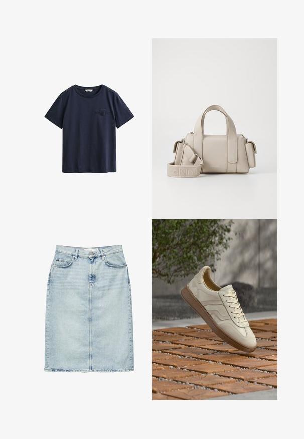 Camiseta de algodón azul marino de manga corta con cuello redondo y pequeño logo bordado de GANT en el pecho izquierdo.; Falda vaquera azul claro hasta la rodilla con bolsillos delanteros, trabillas para cinturón y cierre de botones.; Zapatilla de color crema con suela de goma beige texturizada, diseño con cordones y sutiles detalles de marca en el lateral. Parte superior de cuero liso.; Bolso beige con diseño estructurado, hecho de material sintético. Cuenta con dos asas superiores, una correa para el hombro desmontable y un bolsillo con cremallera.