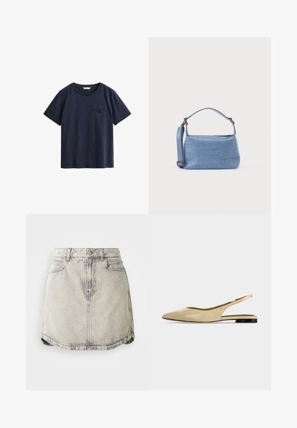 Camiseta de algodón azul marino de manga corta con cuello redondo y pequeño logo bordado de GANT en el pecho izquierdo.; Falda de denim en gris claro con textura desgastada, que cuenta con una cinturilla abotonada, bolsillos frontales y un dobladillo ligeramente curvado.; Zapato plano beige con puntera puntiaguda, diseño slingback, tacón bajo negro y acabado en cuero liso, mostrado de perfil sobre un fondo liso.; Bolso azul claro con relieve de cocodrilo, asa corta y correa de hombro desmontable. Textura lisa con cierre de cremallera.