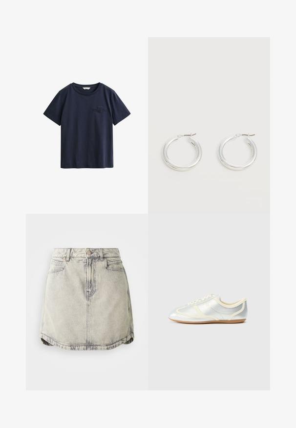 Camiseta de algodón azul marino de manga corta con cuello redondo y pequeño logo bordado de GANT en el pecho izquierdo.; Falda de denim en gris claro con textura desgastada, que cuenta con una cinturilla abotonada, bolsillos frontales y un dobladillo ligeramente curvado.; Zapatillas sintéticas plateadas con detalles en crema, perfil bajo, puntera redonda y suela de goma plana; cuentan con costuras clásicas y cierre de cordones.; Par de pendientes de aro plateados brillantes de tamaño mediano con cierres metálicos finos sobre un fondo neutro claro.