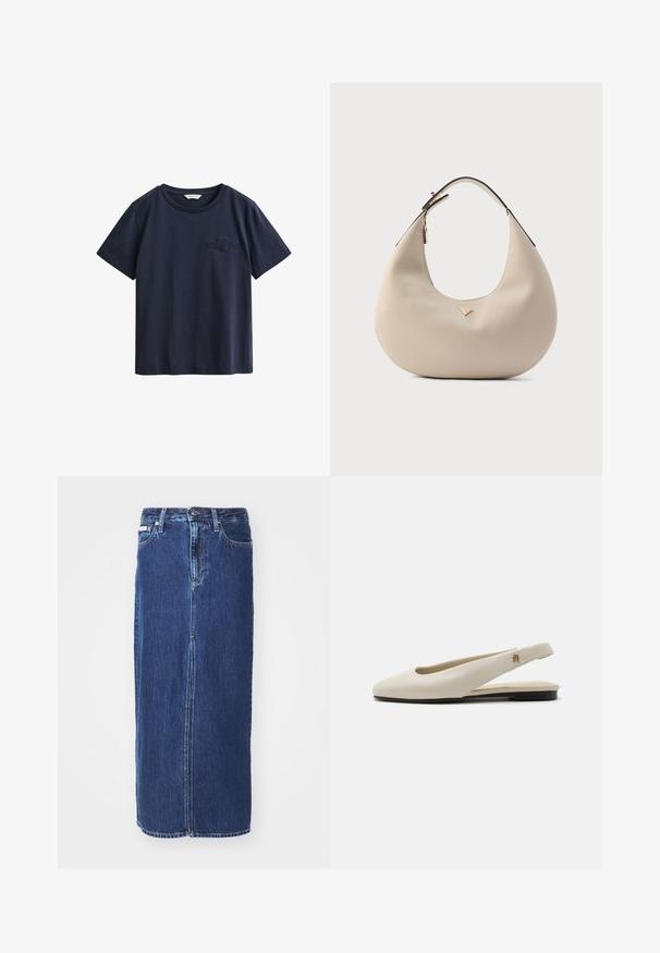 Marineblauw katoenen T-shirt met korte mouwen, ronde hals en klein geborduurd GANT-logo op de linkerborst.; Donkerblauwe denim rok tot op de knie, met een vooruitsnijding, traditionele tailleband en vijf zakken met contrasterende stiksels.; Crèmekleurige leren slingback platte schoen met ronde neus en klein gouden embleem op het bandje.; Beige leren hobo-tas met een gladde textuur, afgeronde vorm en een enkele zwarte riem. Voorzien van details van goudkleurig metaal.