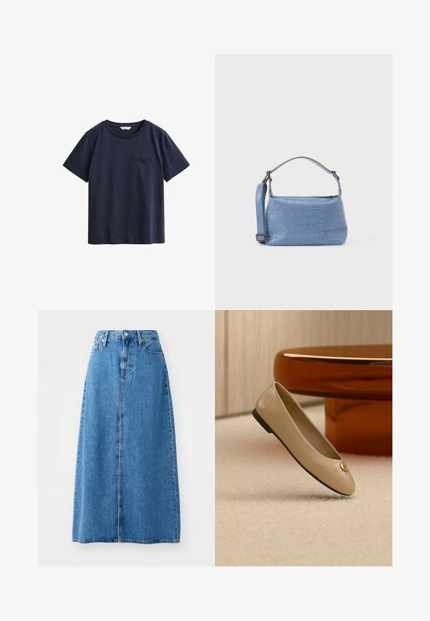 Camiseta de algodón azul marino de manga corta con cuello redondo y pequeño logo bordado de GANT en el pecho izquierdo.; Falda maxi de denim azul con un cierre de botones en la parte delantera, dos bolsillos y un diseño recto con un dobladillo sin terminar. Clásica y versátil.; Bailarina plana de cuero beige con suela negra y emblema dorado en la punta, situada sobre una alfombra crema junto a un mueble redondeado de color ámbar.; Bolso azul claro con relieve de cocodrilo, asa corta y correa de hombro desmontable. Textura lisa con cierre de cremallera.