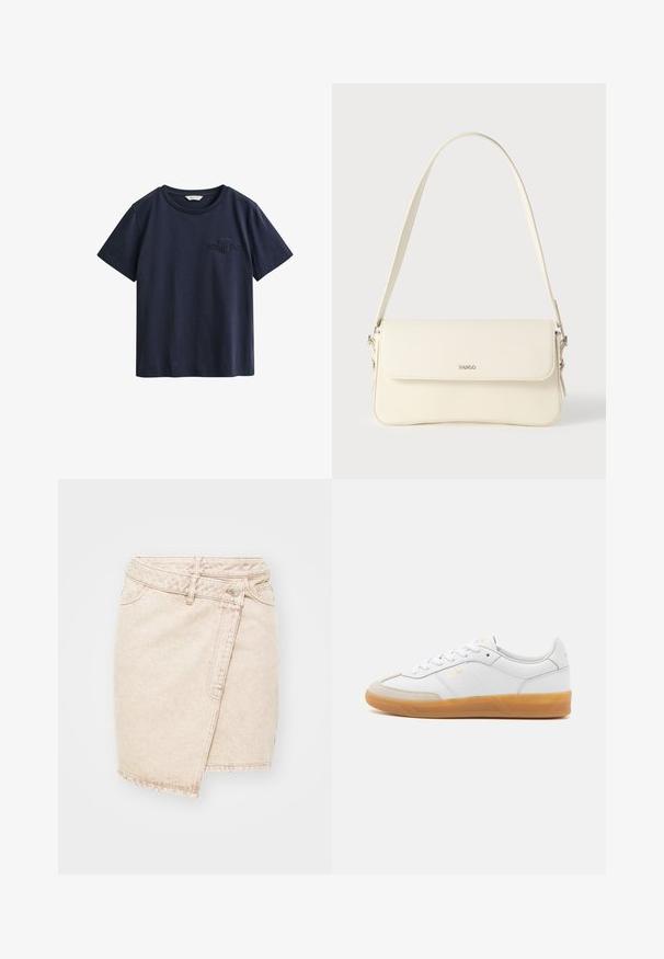 Camiseta de algodón azul marino de manga corta con cuello redondo y pequeño logo bordado de GANT en el pecho izquierdo.; Minifalda de mezclilla beige con un diseño envolvente, que cuenta con un cierre de botón, costuras visibles y una textura ligeramente desgastada.; Zapatilla de cuero blanca con acentos de ante beige, suela de goma y diseño de cordones. Presenta un sutil logo en dorado.; Bolso de hombro de cuero color crema con cierre de solapa, herrajes plateados, una sola correa ajustable y detalles sutiles con el logo.