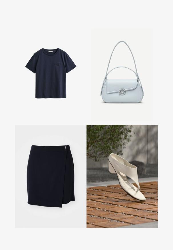 Marineblauw katoenen T-shirt met korte mouwen, ronde hals en klein geborduurd GANT-logo op de linkerborst.; Marineblauwe mini wikkelrok in een gladde stof met een zijsplit en een kleine metalen accent op de tailleband. Eenvoudig, minimalistisch ontwerp.; Witte leren sandalen met hak, brede band en teenstuk, buiten tentoongesteld op een houten en kiezel betegeld oppervlak met groen op de achtergrond.; Lichtblauwe leren handtas met een afgeronde klep, zilveren ronde sluiting en twee schouderbanden tegen een effen achtergrond.
