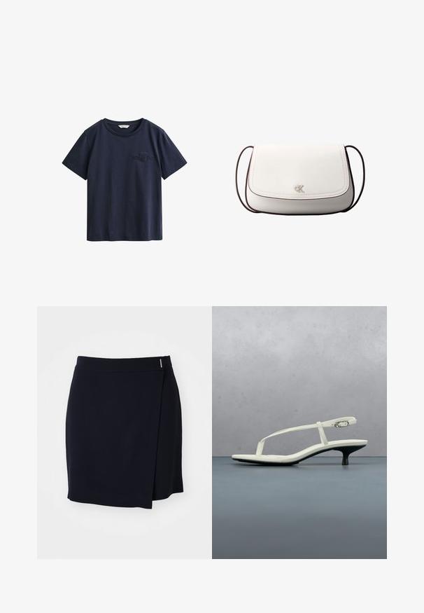 Camiseta de algodón azul marino de manga corta con cuello redondo y pequeño logo bordado de GANT en el pecho izquierdo.; Mini falda envolvente azul marino en una tela suave con una abertura lateral y un pequeño acento metálico en la cintura. Diseño limpio y minimalista.; Sandalia blanca de tacón kitten con tiras y punta afilada, flotando sobre un suelo de baldosas de madera al aire libre, con un fondo desenfocado de plantas y pared.; Bolso bandolera blanco con cierre de solapa, pequeño logo plateado "cK" centrado y correa ajustable delgada de color marrón oscuro.