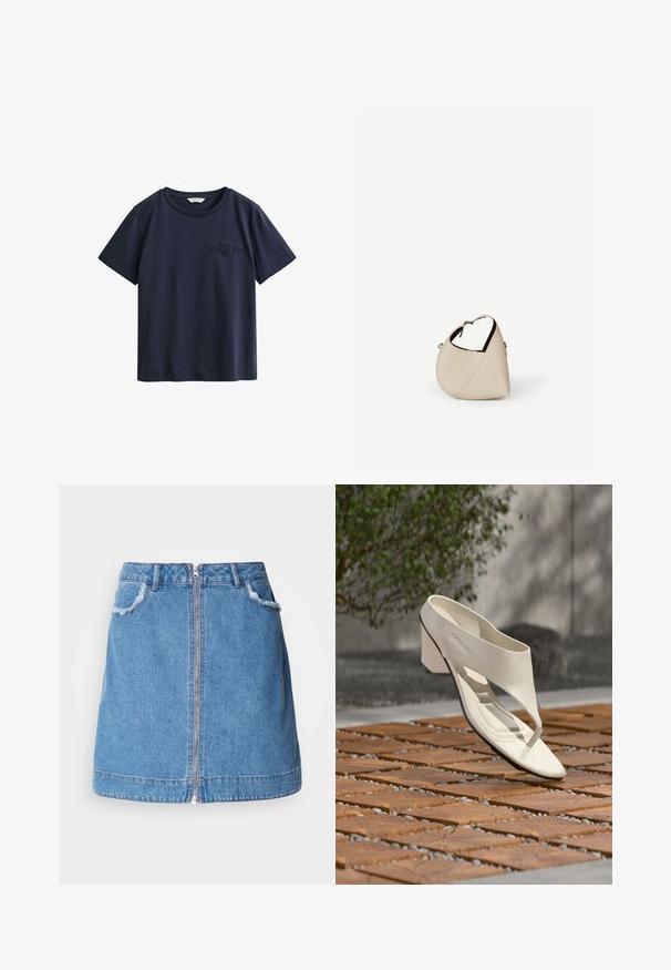 Marineblauw katoenen T-shirt met korte mouwen, ronde hals en klein geborduurd GANT-logo op de linkerborst.; Lichtblauwe denim rok met een voorrits, rafelige zakranden en een rechte snit. De onderkant heeft een licht gebogen lijn.; Witte leren sandalen met hak, brede band en teenstuk, buiten tentoongesteld op een houten en kiezel betegeld oppervlak met groen op de achtergrond.; Beige leren handtas in halvemaanvorm met een enkele schouderband en minimale stiksels, afgebeeld tegen een effen witte achtergrond.