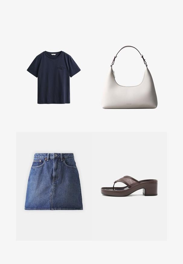 Camiseta de algodón azul marino de manga corta con cuello redondo y pequeño logo bordado de GANT en el pecho izquierdo.; Falda de mezclilla en azul oscuro, con cintura alta, cinco bolsillos y costuras en contraste. Bajo limpio y cierre clásico con botón en la cintura.; Sandalia marrón con tacón, banda de malla y diseño de tira, con tacón cuadrado y suela cosida, mostrada de perfil sobre fondo blanco.; Bolso de hombro de cuero color crema de Calvin Klein con borde superior curvado, cremallera plateada y correa ajustable marrón oscuro.