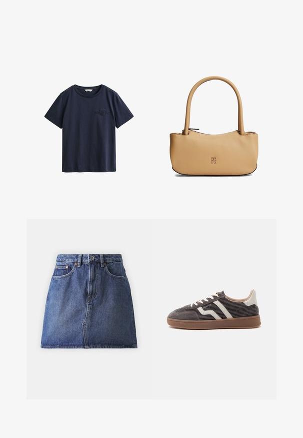 T-shirt en coton bleu marine à manches courtes avec un col rond et un petit logo GANT brodé sur la poitrine gauche.; Jupe en denim bleu foncé, dotée d'une taille haute, de cinq poches et de coutures contrastées. Ourlet soigné et fermeture à bouton classique à la taille.; Basket gris foncé unique avec des accents en cuir blanc, des côtés texturés, des lacets blancs et une semelle en caoutchouc marron, présentée de profil sur un fond uni.; Sac à main en cuir beige avec des poignées arrondies, un petit logo doré centré à l'avant, et une fermeture éclair sur le dessus.