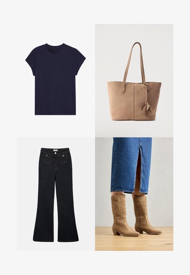Dunkelblaue Baumwoll-T-Shirt mit rundem Ausschnitt und kurzen Ärmeln, das einen lockeren Schnitt und eine glatte Textur bietet. Keine Muster oder Akzente.; Schwarze, ausgestellt geschnittene Jeans aus Denim mit hoher Taille, zwei Fronttaschen und orangefarbenen Nähten. Das Material wirkt robust und glatt.; Braune westernstil Stiefel mit dekorativer Stickerei, spitzer Zehenform und gestapeltem Absatz. Getragen mit einem knielangen Jeansrock, der die Stiefel zur Geltung bringt.; Wildleder-Shopper in gedämpftem Beige mit zwei langen Trägern, schlichtem Design und einer gebundenen Akzentdetaille an der Seite. Durchgehend glatte Textur.